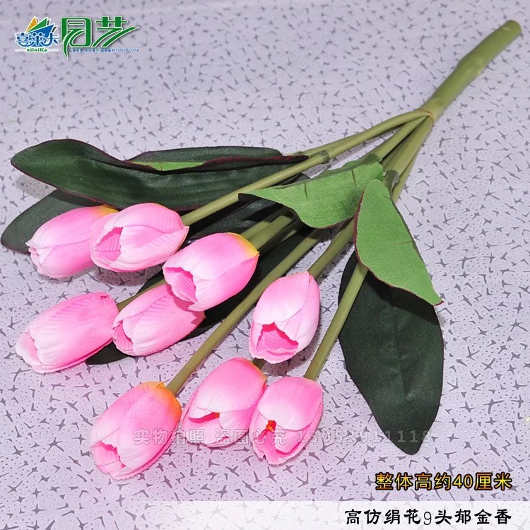 Chùm Hoa Lụa giả 9 Bông Hoa TuLip Màu Hồng