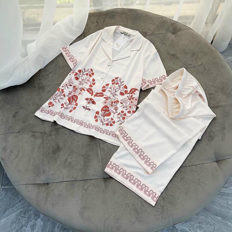PIJAMA CỘC DÀI HOẠ TIẾT HOA LÁ QUẢNG CHÂU CAO CẤP