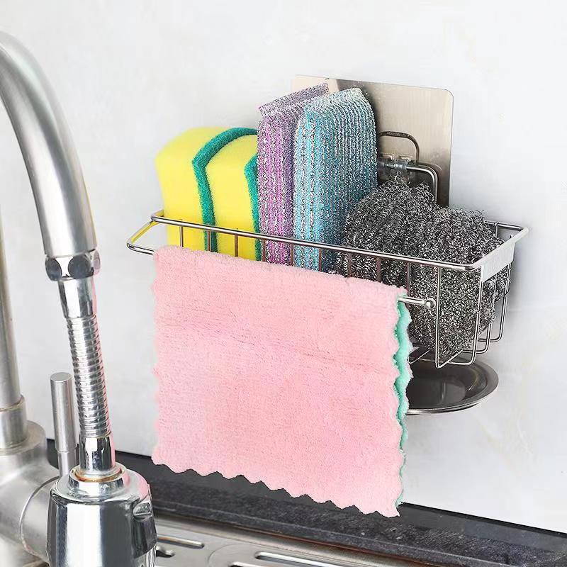 Kệ Inox Để Đồ Rửa Bát Dán Tường Kèm Khay Hứng Nước, Móc Treo Khăn Đa Năng - Giá Để Đồ Rửa Bát