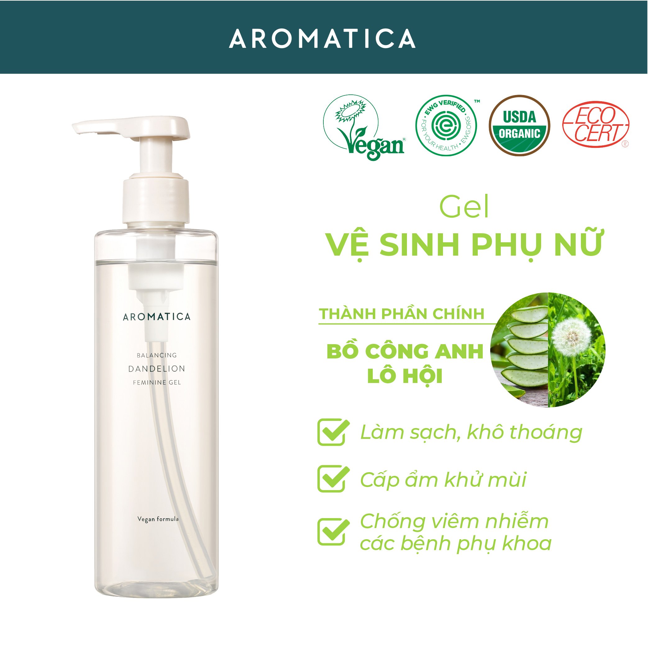 Dung Dịch Vệ Sinh Phụ Nữ Dạng Gel Giảm Viêm Ngứa Dưỡng Ẩm Aromatica Dandelion Feminine Wash 250ml