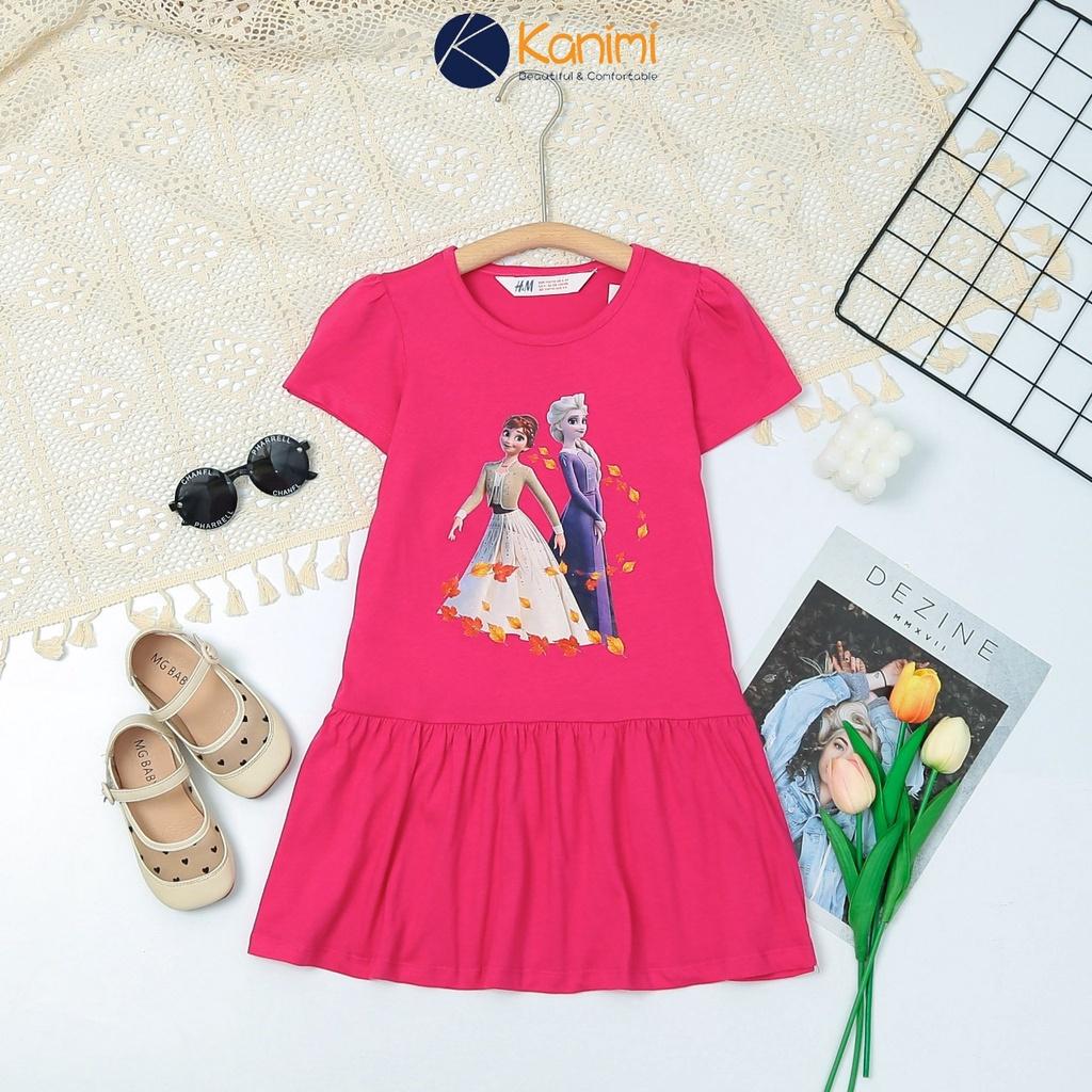 Váy cotton bé gái 2-10 tuổi cộc tay nối chuyền in 3D, Đầm cho bé thấm hút mồ hôi