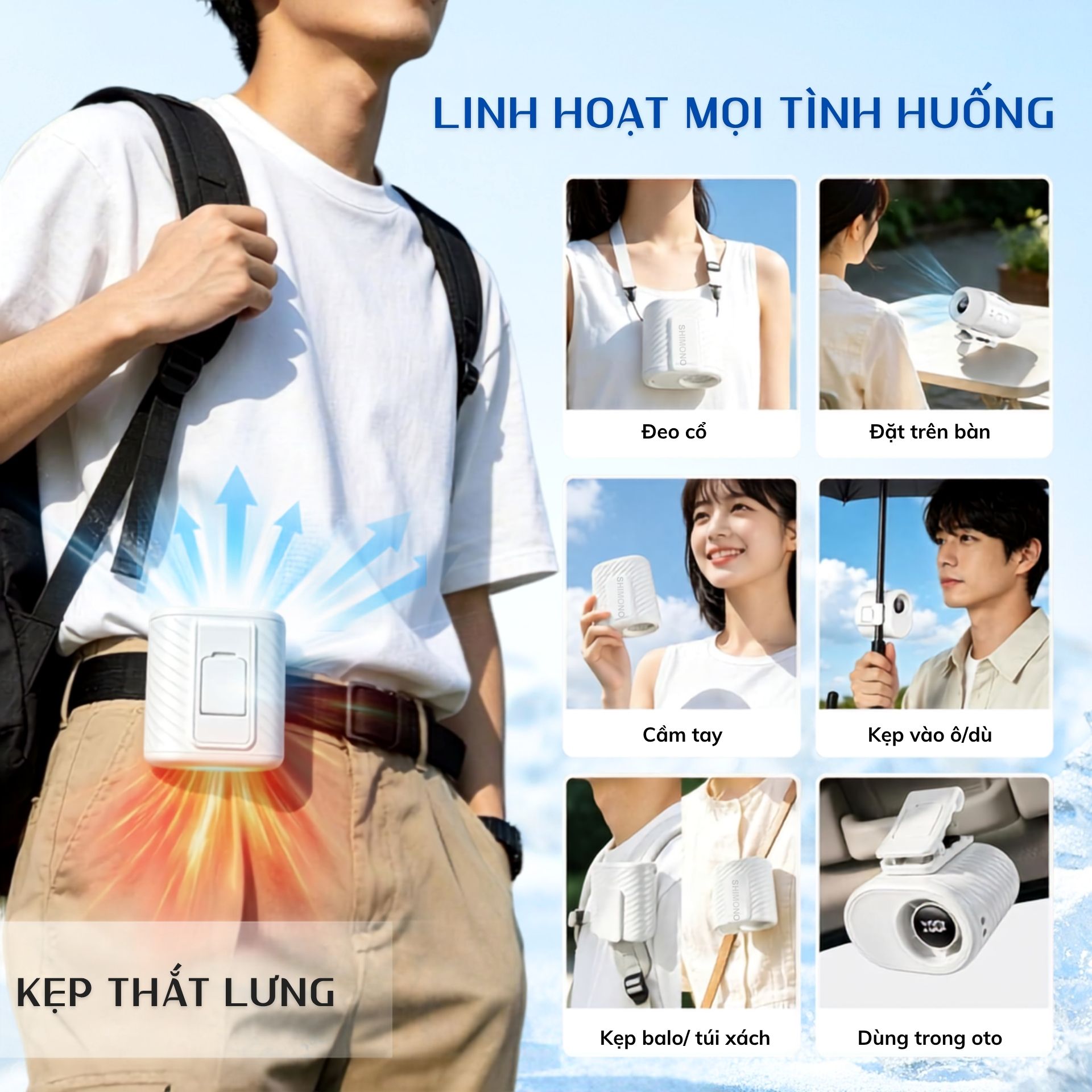 Quạt Kẹp Thắt Lưng SHIMONO SM-WF68 Tốc Độ Cao, Pin 4000mAh, Điều chỉnh 360°, Quạt Đeo Eo Rảnh Tay  - Hàng Chính Hãng
