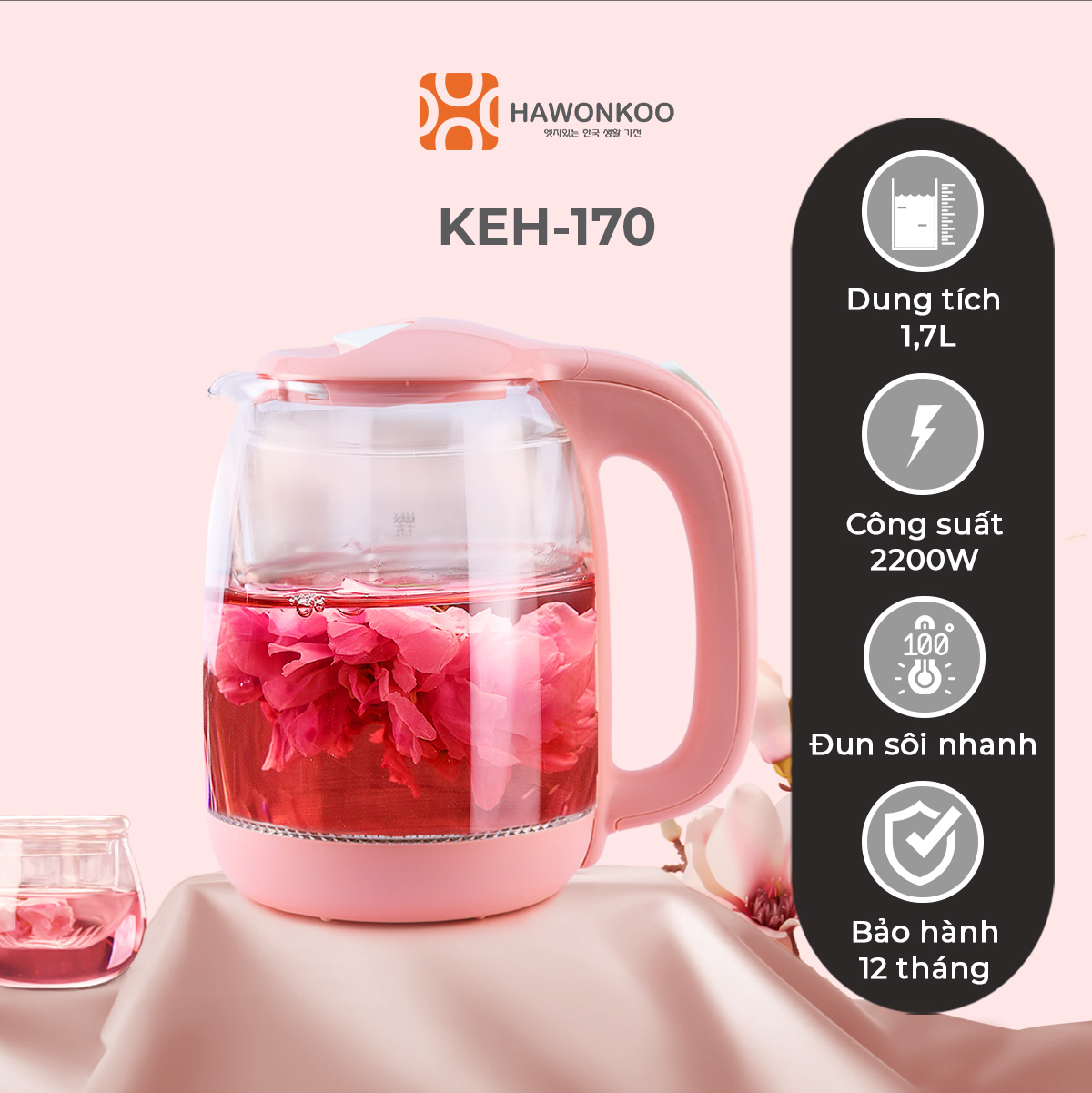 Ấm siêu tốc HAWONKOO KEH-170 1,7 Lít 2200W Hàng Chính Hãng Bảo Hành 12 Tháng - Thương Hiệu Hàn Quốc