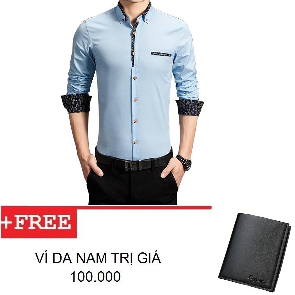 Áo sơ mi công sở viển cổ và tay, hàng nhập Quảng Châu + Tặng kèm ví da nam