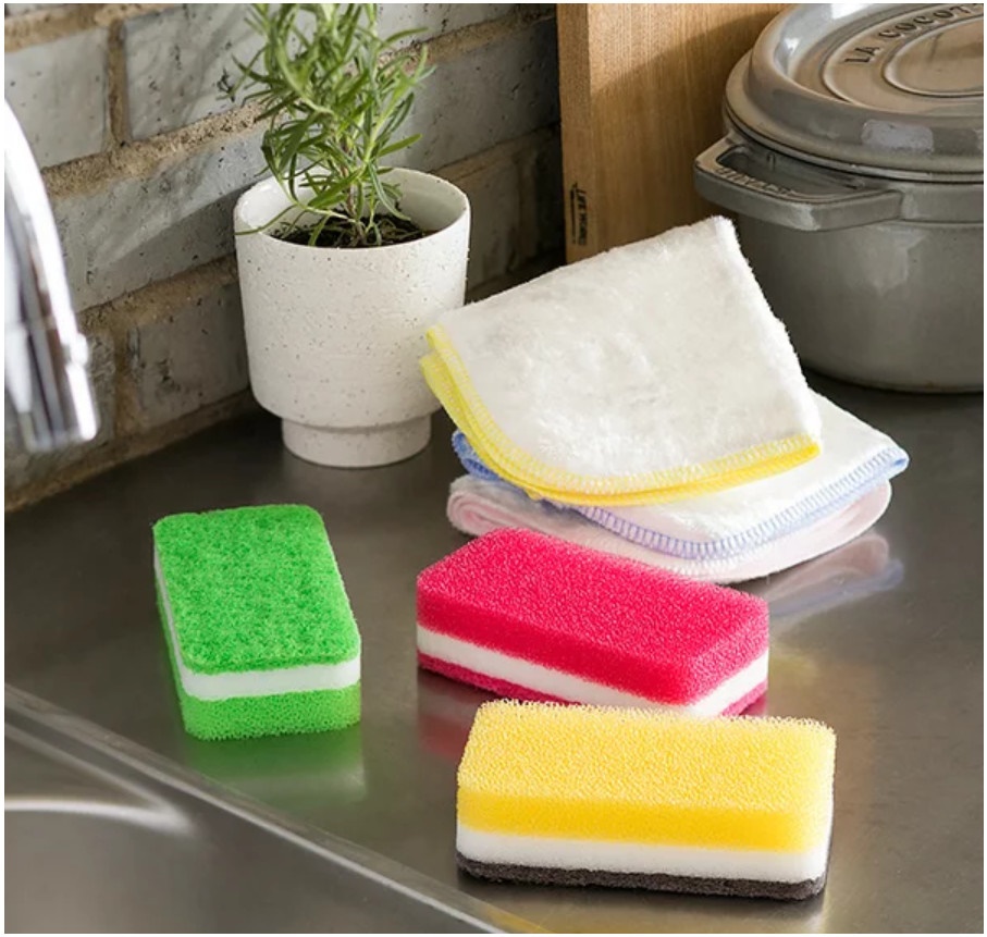 Combo bát nhựa tròn họa tiết hoa anh đào Ø11×6.5cm + miếng bọt biển nhà bếp - made in Japan