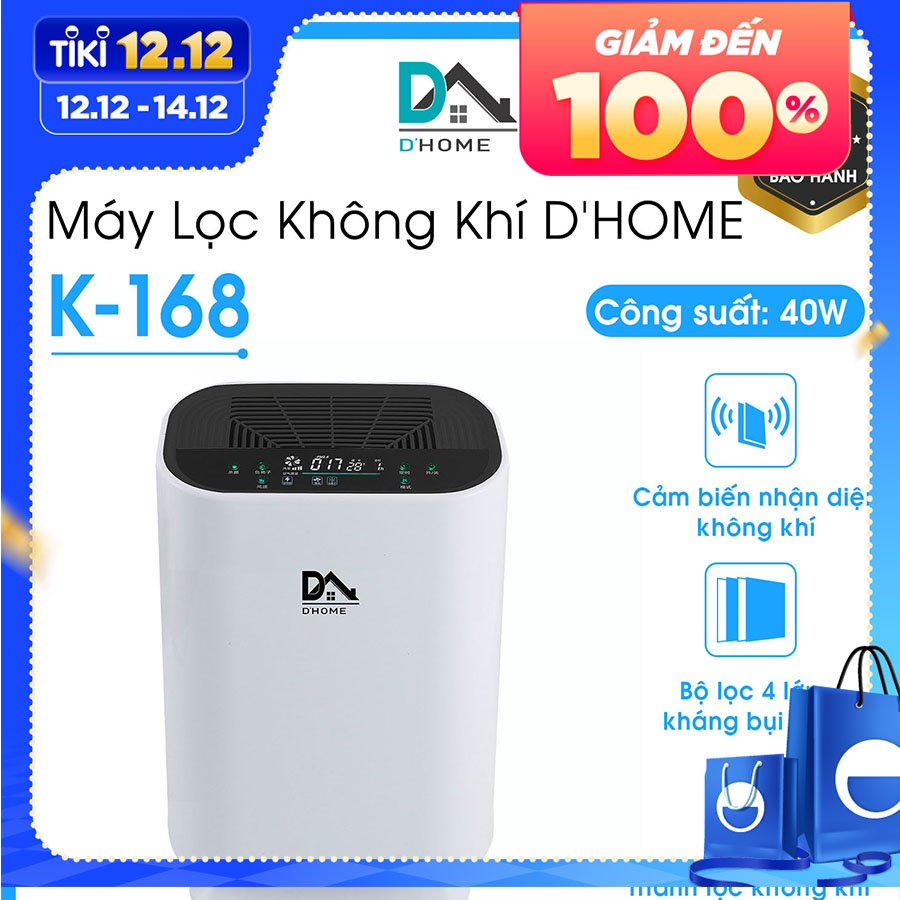 Máy Lọc Không Khí Dhome K-168 - Lọc Khói Bụi Và Vi Khuẩn, Bụi Mịn PM2.5 - Màn Hình Cảm Ứng -  Sử Dụng Cho Phòng (15-50m2) - Hàng Chính Hãng