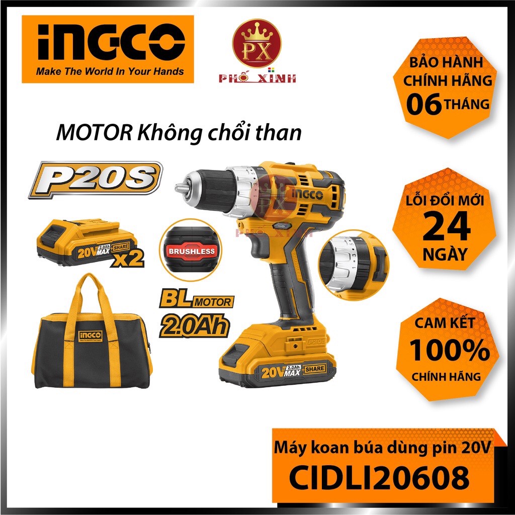 Máy khoan búa không chổi than dùng pin Lithium-Ion CIDLI20608 hiệu INGCO đi kèm với pin và bộ sạc