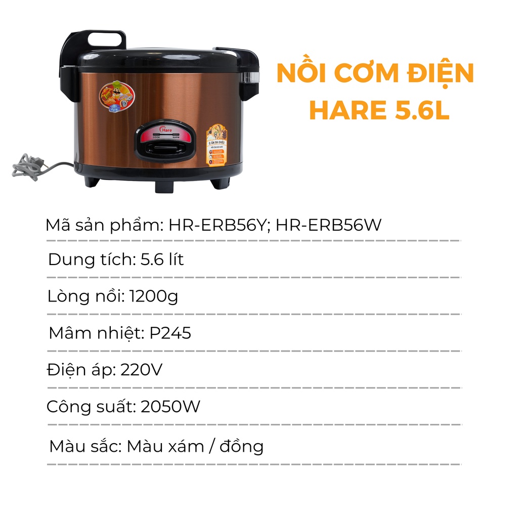 Nồi cơm điện HR-ERB56 (5.6L) -hàng chính hãng thương hiệu Hare - bảo hành 12 tháng