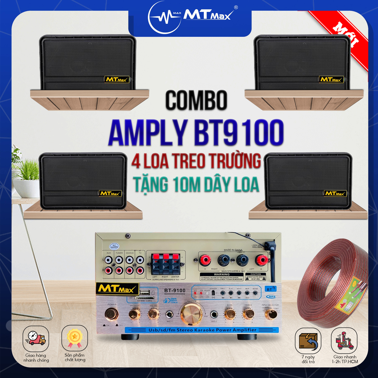 Combo Amply BT9100 Công Suất 300W Và 6 Cặp Loa Treo Tường, Âm Thanh Mini Cho Spa, Quán Cà Phê, Phòng Trà, Phòng Tập Thể Dục, Nhà Trường, Tặng 10M Dây Loa Kết Nối Với Amply, Hàng Nhập Khẩu