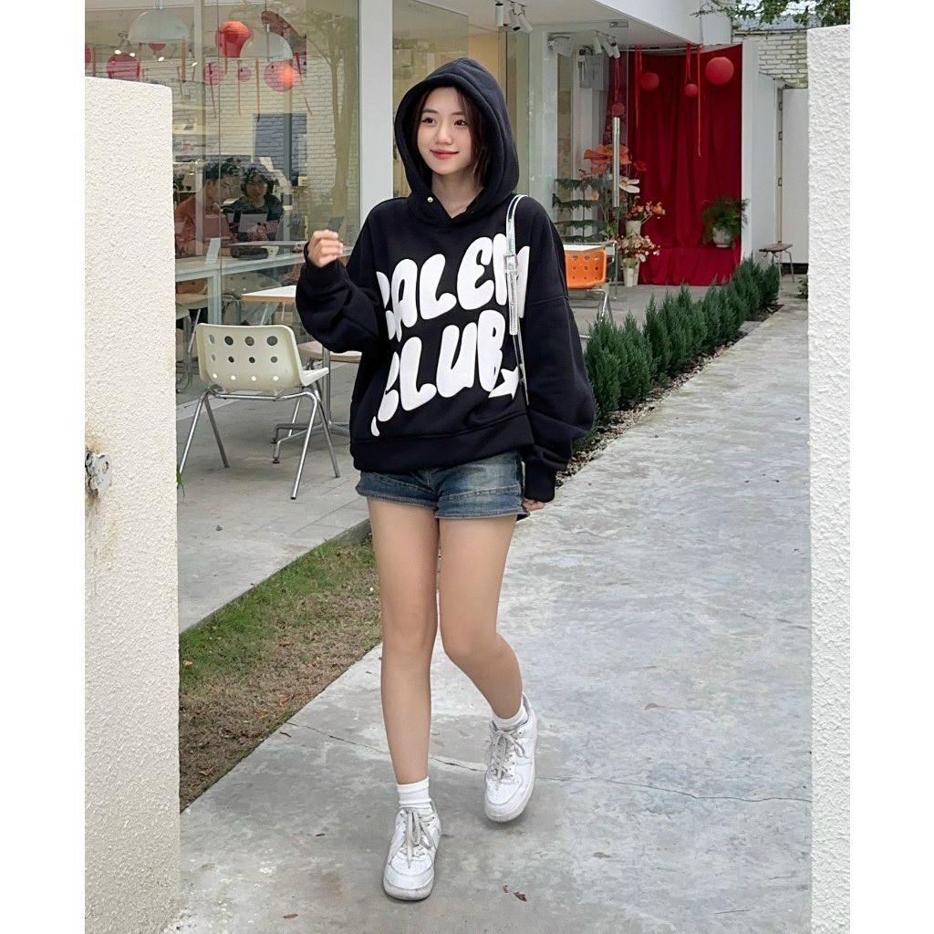 Áo Hoodie nỉ bông Basic nút bấm Chữ Nổi collection TET form BOXY unisex, Áo hoodie chất thun nỉ mềm mịn mát,mặc chống nắng,tay phồng nhúng .logo in CALEM CLUB