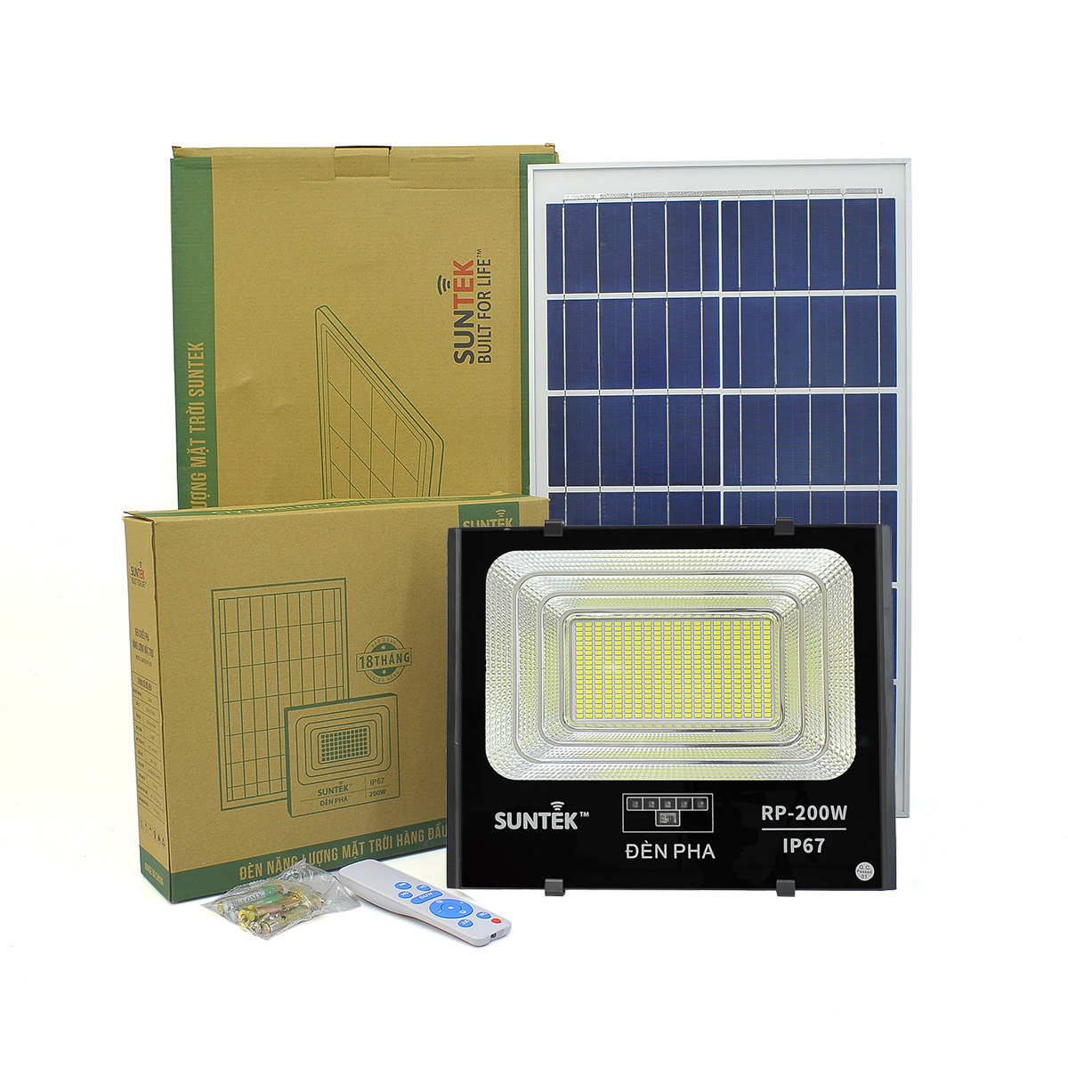 Đèn Pha Năng Lượng Mặt Trời SUNTEK RP-200W - Sáng suốt đêm | Tự động Bật/Tắt | Điều khiển Từ Xa | Chống Nước/Bụi/Sét | Tuổi thọ bóng LED 50.000 giờ - Hàng Chính Hãng - Bảo hành 18 tháng 1 đổi 1
