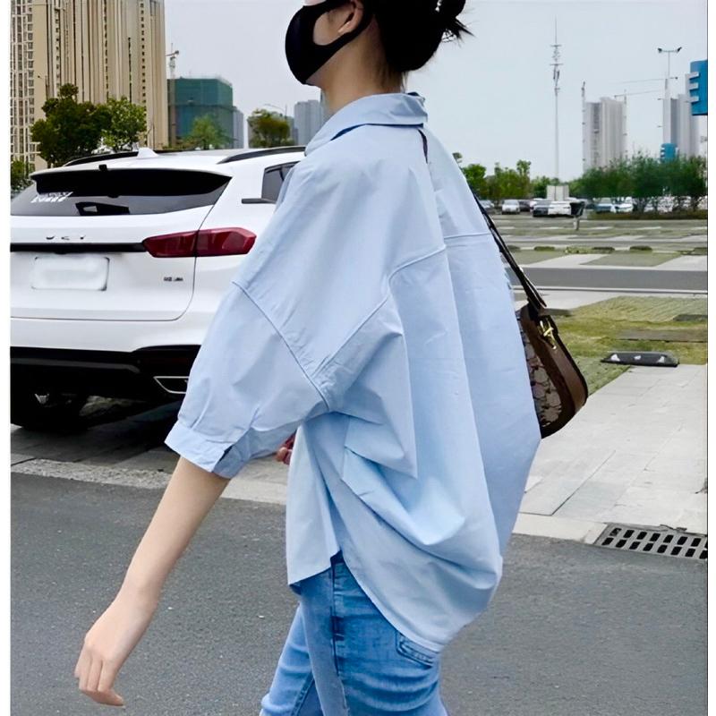 Chen.room Áo sơ mi sọc xanh Shyn shirt tay phồng vạt bầu form dáng hàn quốc, áo xinh nhà Chen