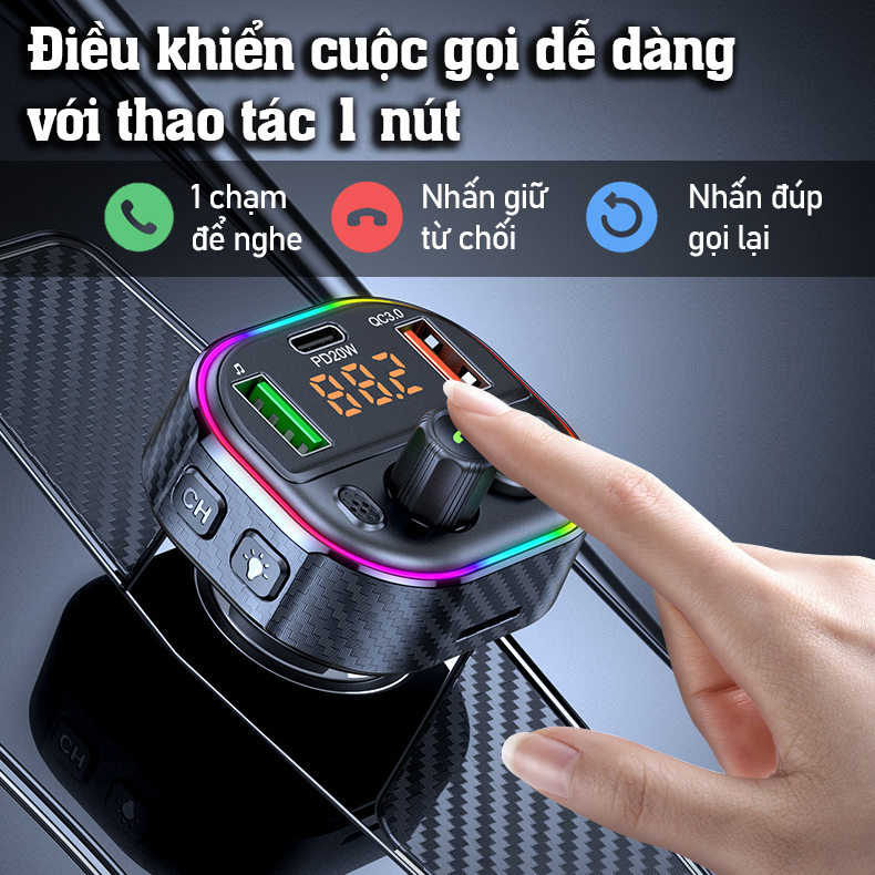 Tẩu sạc ô tô thu bluetooth Máy phát FM bầu không khí đầy màu sắc ánh sáng -D1624