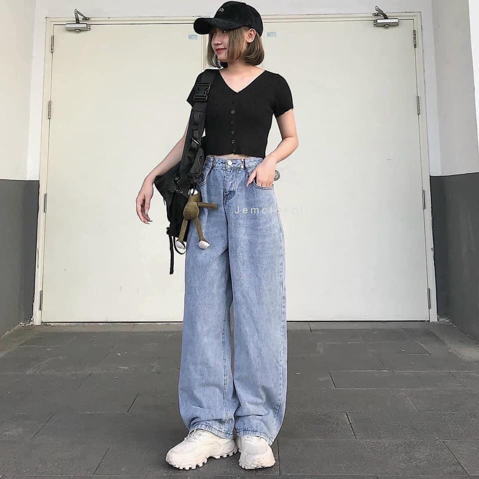 Quần bò ống rộng cạp khuy, quần jeans xuông