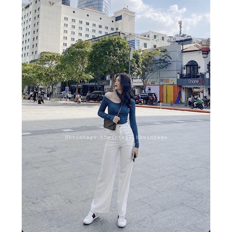 Áo cắt vai tay dài - Tím,Freesize dưới 55kg