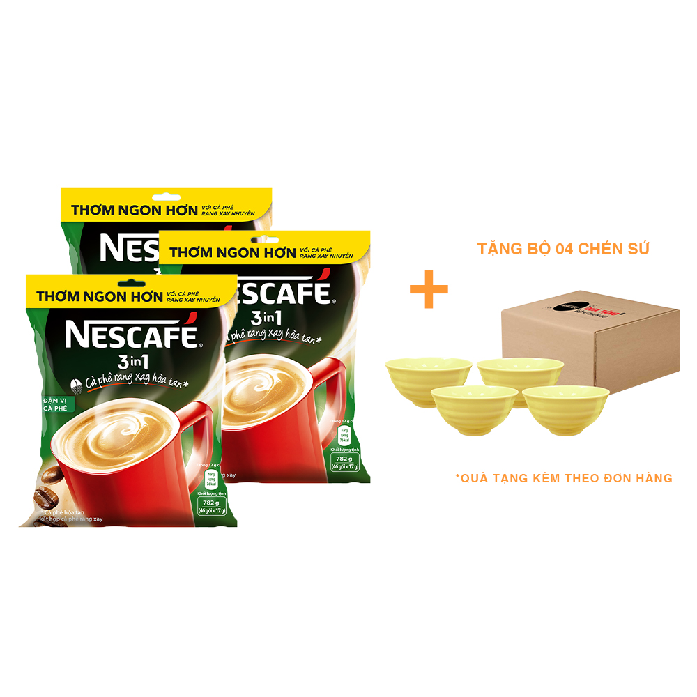 Combo 3 bịch NESCAFÉ 3IN1 Công thức cải tiến - Vị rang đậm - Túi 46 gói (17g) - [Tặng bộ 4 chén sứ Nescafé]