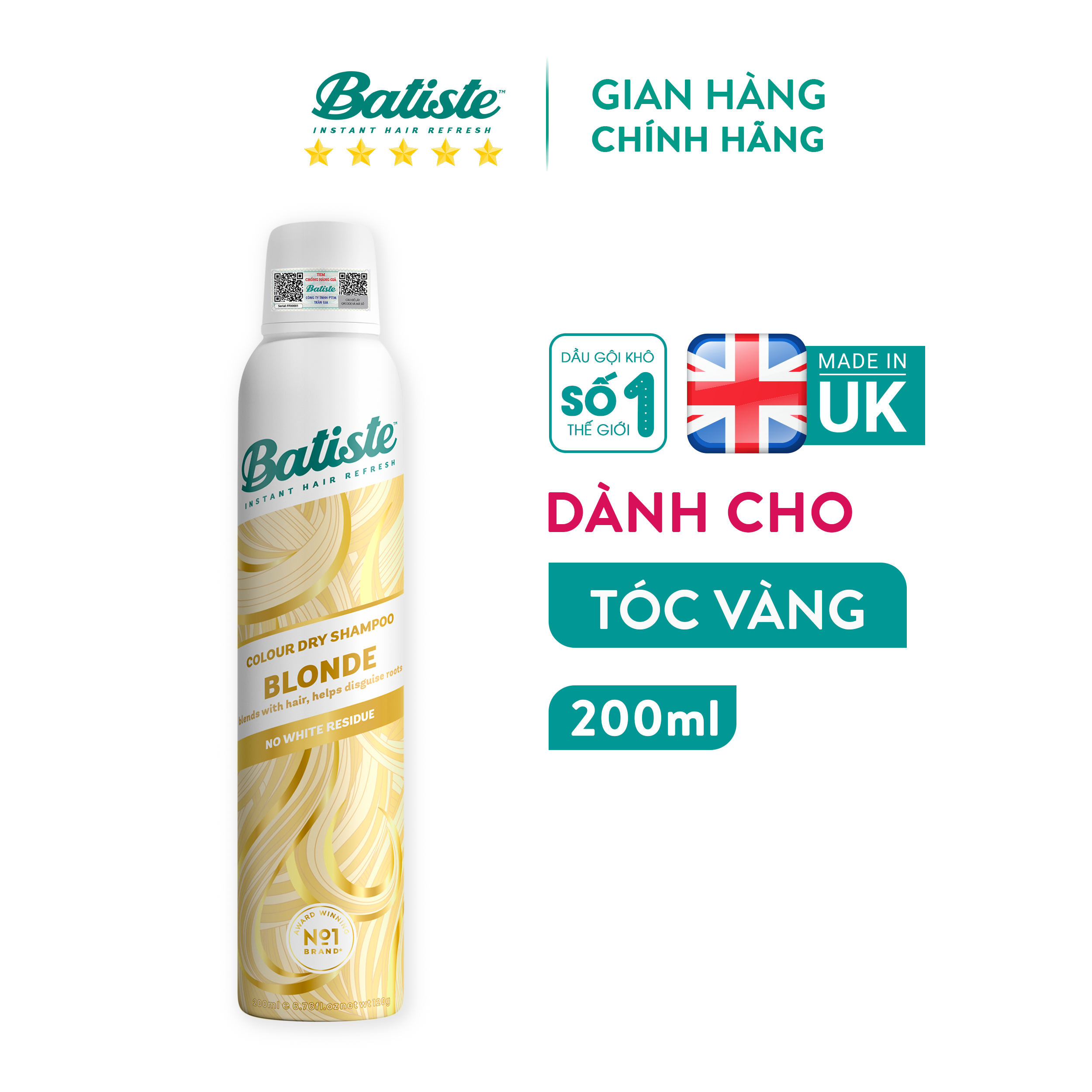 Dầu Gội Khô Dành Cho Tóc Vàng, Tóc Sáng Màu - Batiste Colour Dry Shampoo BLONDE 200ml