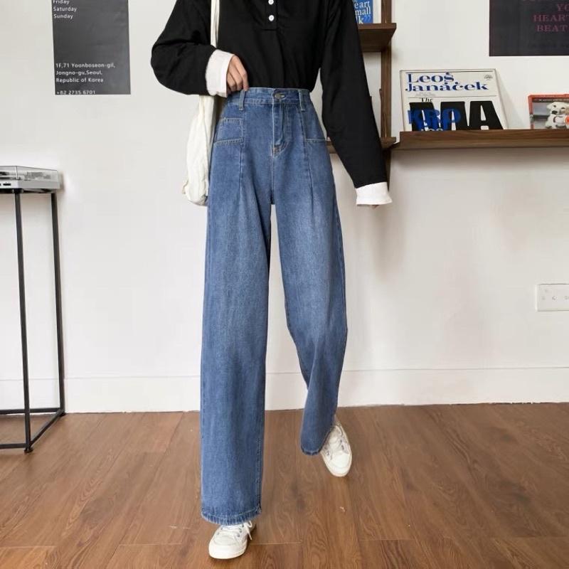 Quần Jeans Ống Suông Rộng Cạp Cao Nhiều Túi Hàng Quảng Châu Chất Dày Đẹp