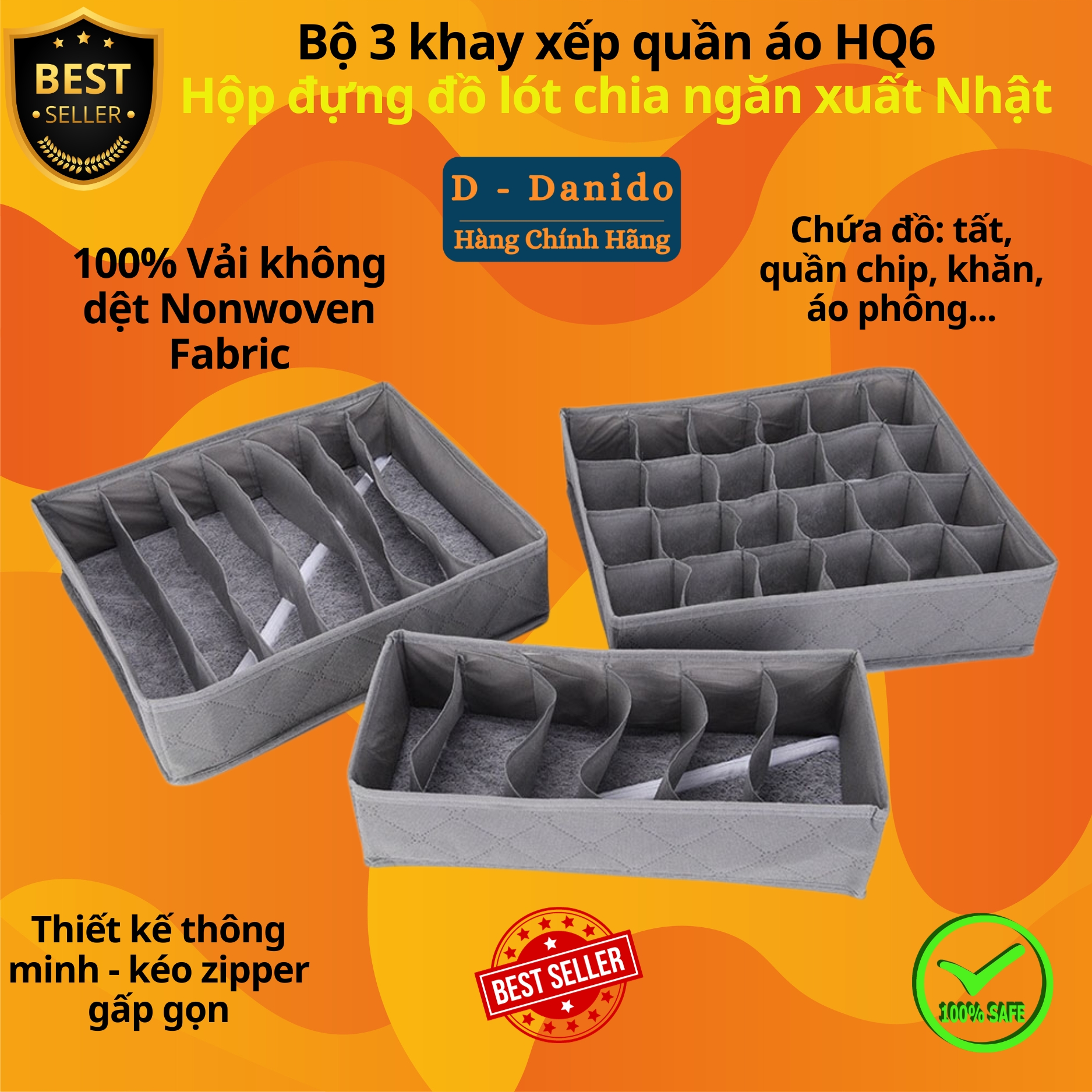 Combo 3 khay xếp quần áo HQ6, Set 3 hộp đựng đồ lót gọn nhẹ chia ngăn tiện lợi xuất Nhật chính hãng D Danido