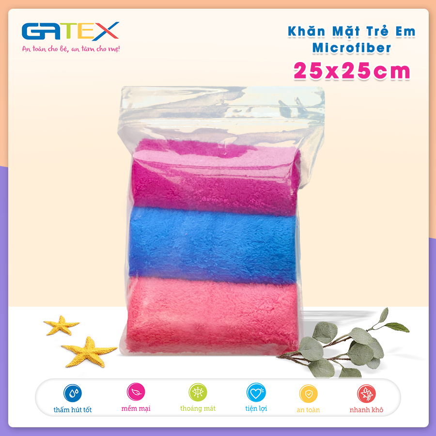 Set Combo Khăn Mặt Trẻ Em Microfiber 25x25cm GATEX Siêu Mềm Mịn, Siêu Thấm Hút