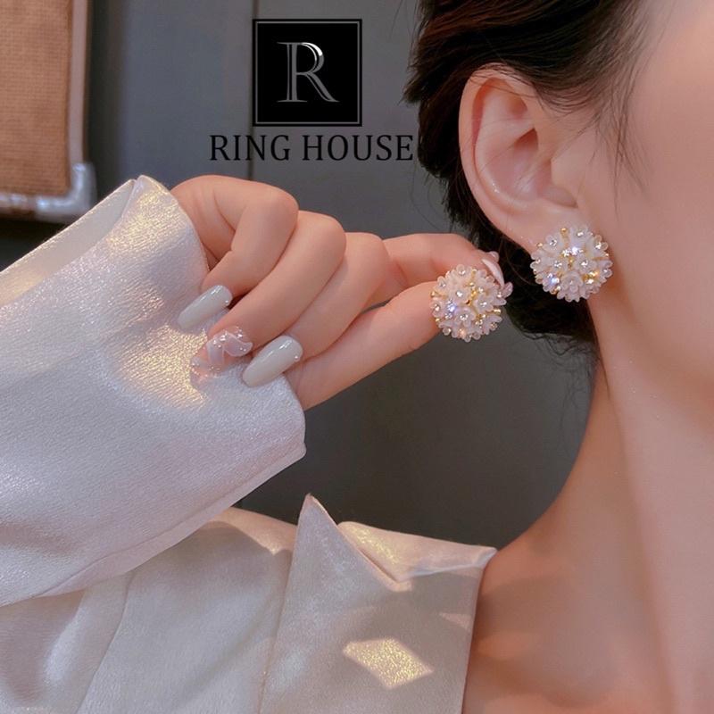 (Chuôi Bạc 925) Khuyên Tai Bông Tai Nữ Tròn Chùm Hoa Trắng Đính Ngọc Sáng Dự Tiệc Ring House