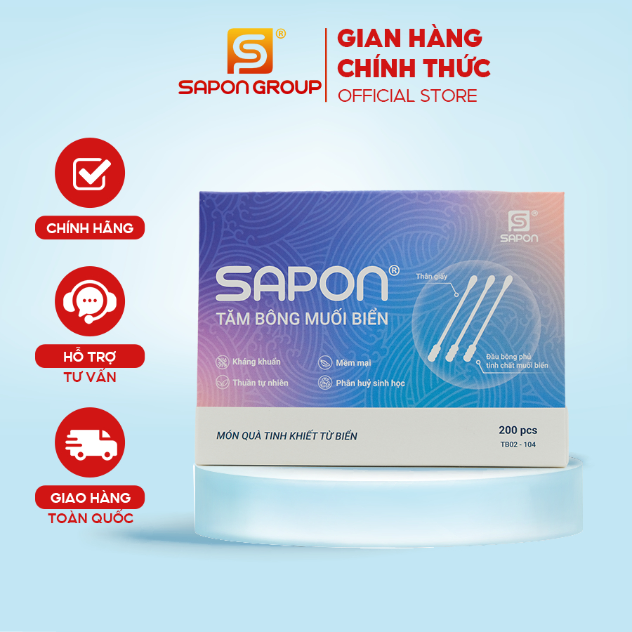 Tăm bông muối biển SAPON Thân Giấy – 200 Que/Hộp (TB02-104), Mềm Mịn, Kháng Khuẩn Tự Nhiên