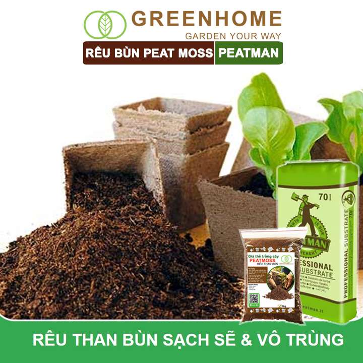 Rêu Than Bùn Peatmoss Greenhome, Bao 1kg, Giá Thể, Cân Bằng Ẩm, Trộn Đất Trồng Sen Đá, Kiểng Lá, Hoa Hồng, Ươm Hạt Giống