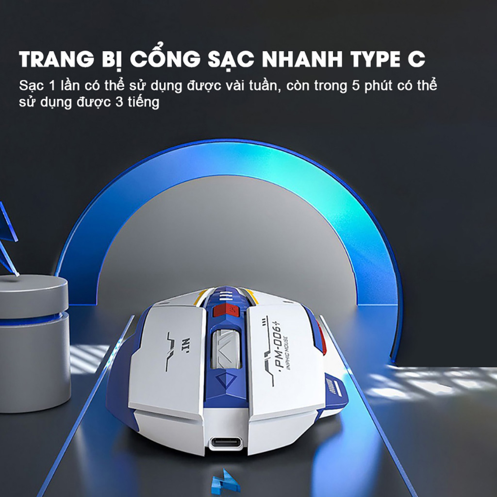 ￼Chuột máy tính không dây gaming TEKKIN F9 GUNDAM pin sạc 6 nút công thái học silent tắt tiếng chống ồn wireless - hàng chính hãng