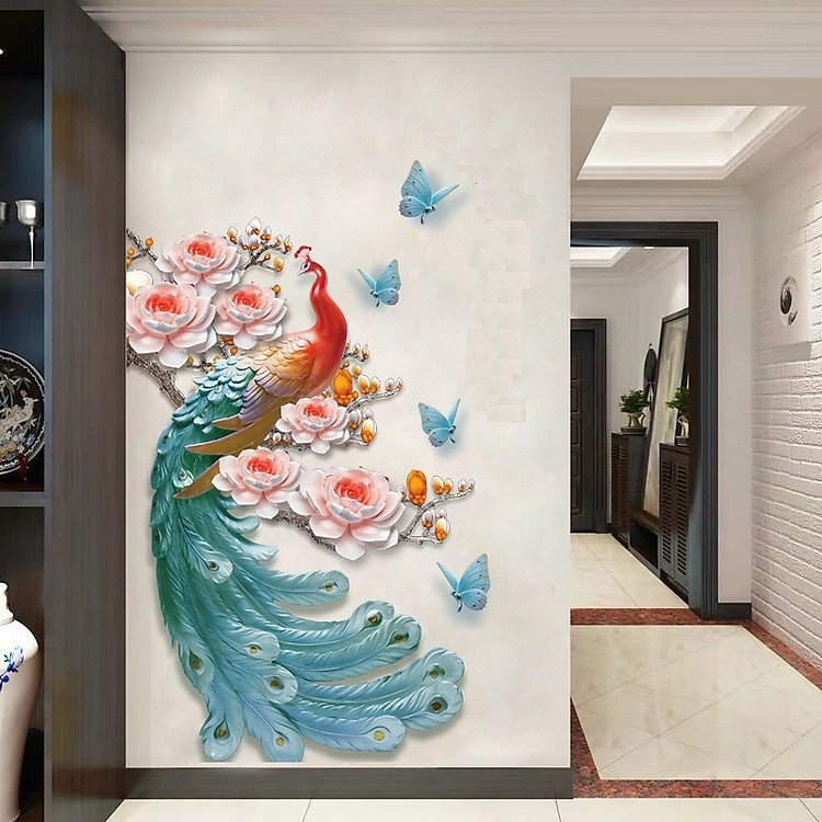 Tranh 3D Dán Tường Hình Chim Công 90x60cm