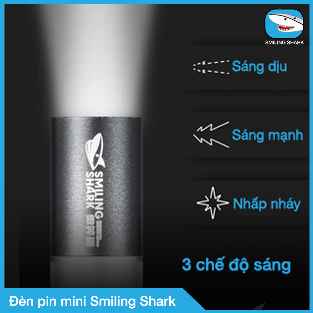 Đèn pin mini siêu sáng Smiling Shark, tầm chiếu xa 50 - 200m, cho vừa túi quần, pin siêu khoẻ, chiếu sáng sương mù, chống nước, sạc USB, gắn xe đạp hoặc mang theo dã ngoại đa dụng nhỏ gọn - Hàng Chính Hãng