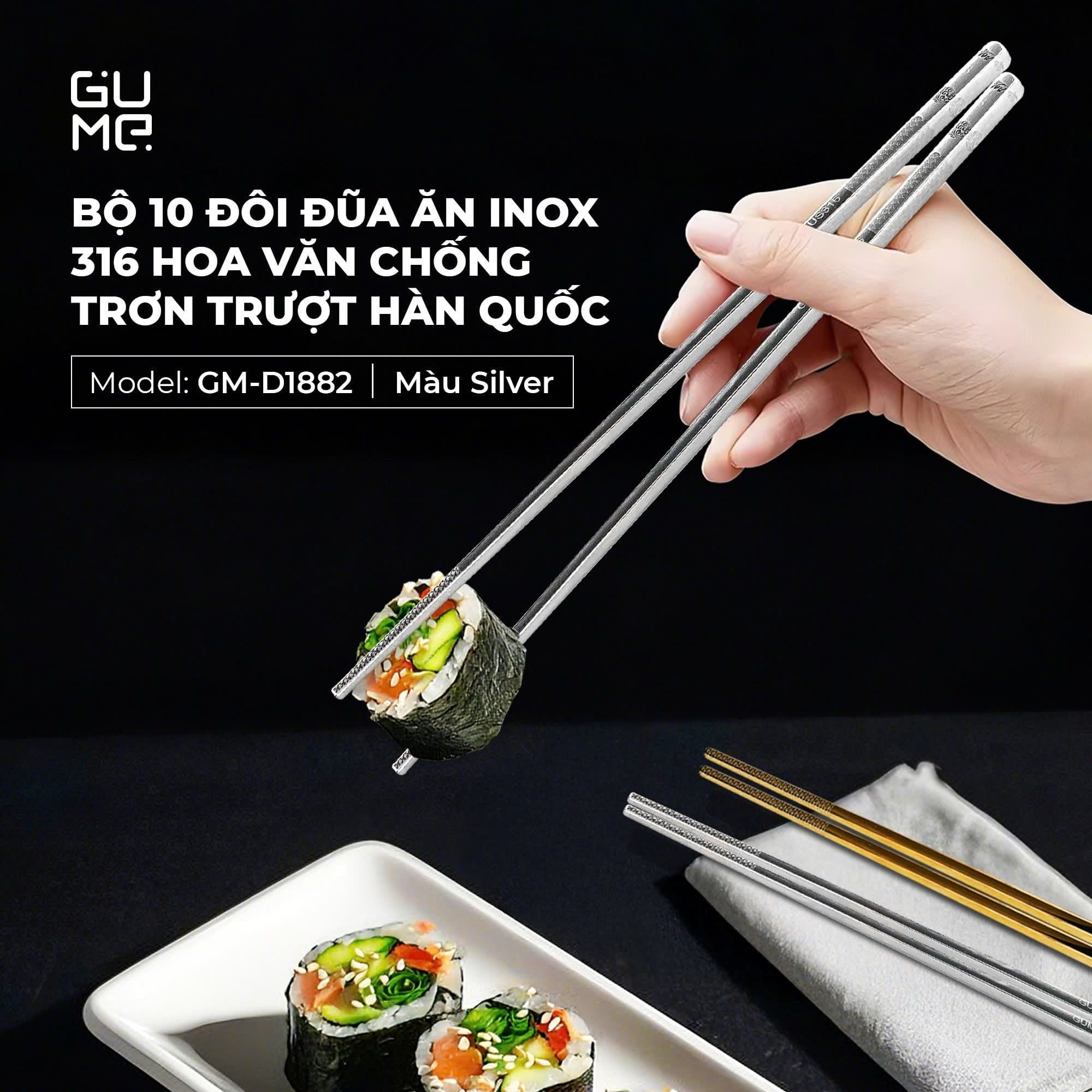 Bộ 10 đôi đũa ăn inox 316 hoa văn chống trơn trượt Gu Me Hàn Quốc GM-D1882 - An Toàn Cho Sức Khỏe