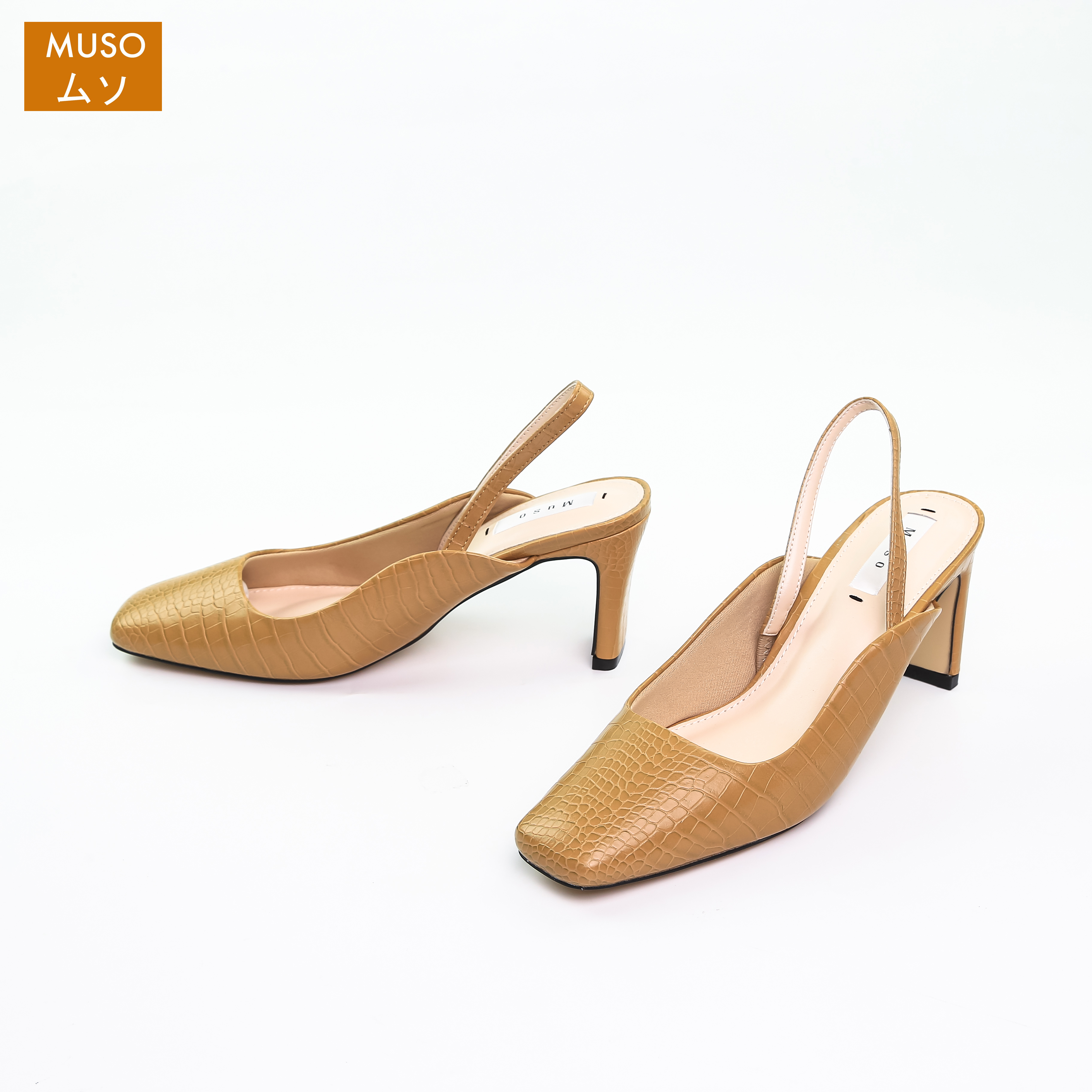 Giày Cao Gót 7cm Quai Mềm Slingback Mũi Vuông Da Vân Rắn MUSO GCGMS007 - Hàng Chính Hãng