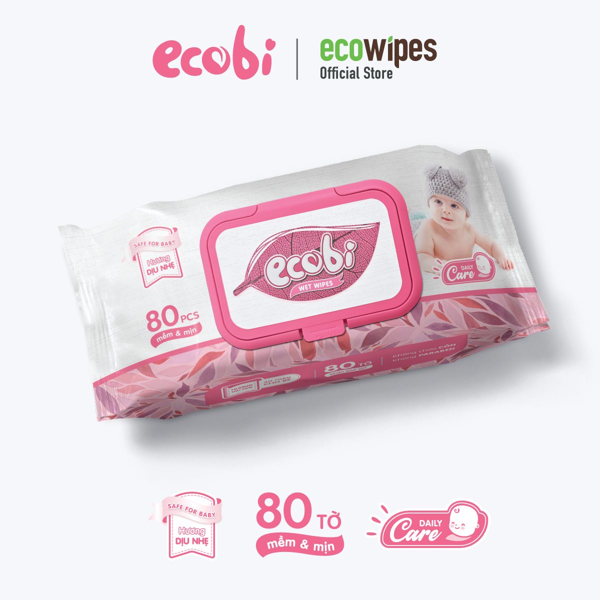 Khăn giấy ướt cho bé Ecobi gói 80 tờ Hương dịu nhẹ không cồn không paraben an toàn cho da của bé