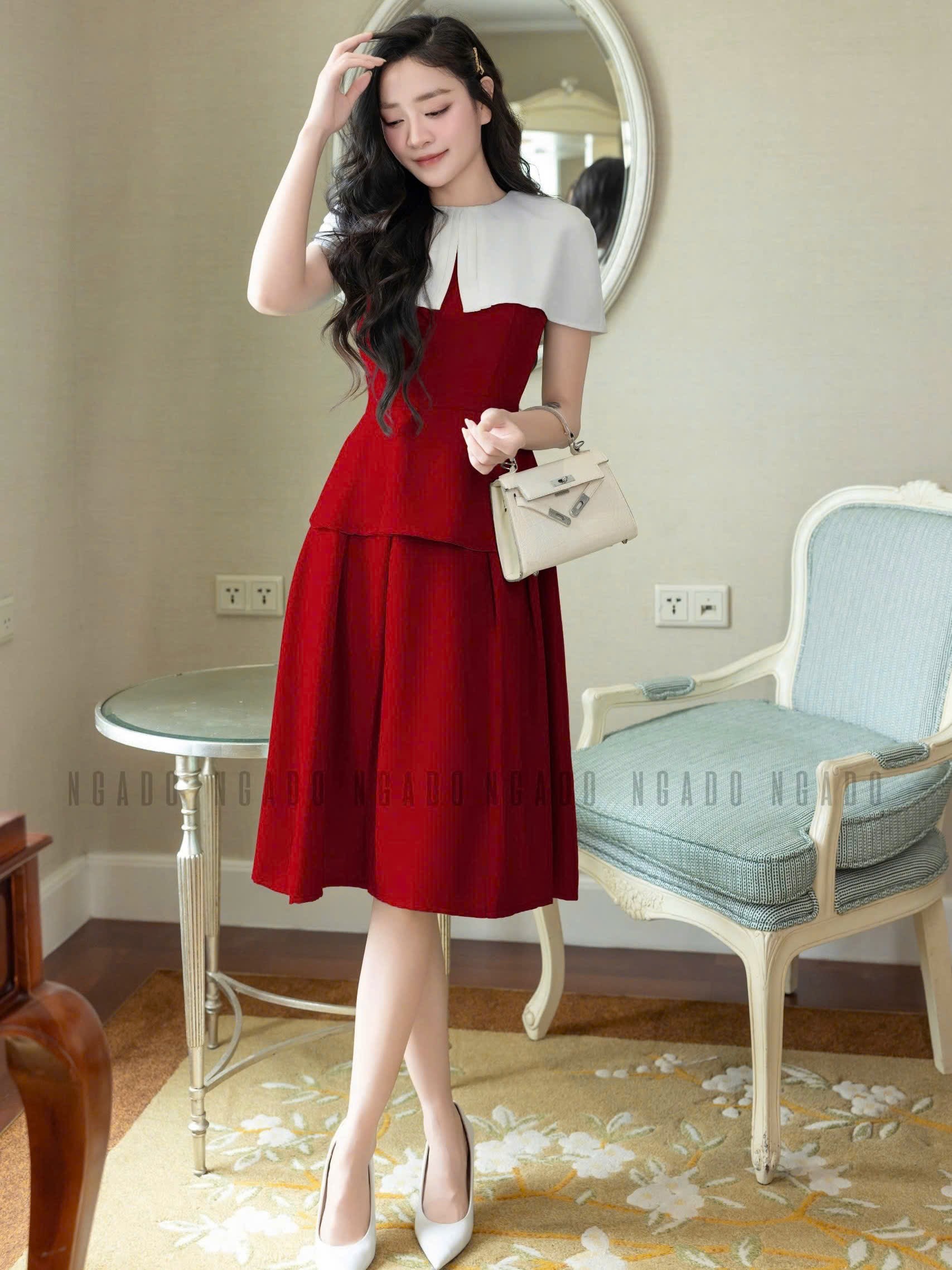 Đầm đỏ phối vạt trắng NGADO , đầm kiểu Nữ , đầm dự tiệc , công sở