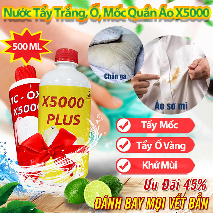 [Tặng Vòi Xịt] Nước Tẩy Quần Áo VIC OXY X5000 Tẩy Mốc, Ố Vàng, Lem Màu 500ml Tẩy Trắng Đánh Bay Mọi Vết Bẩn