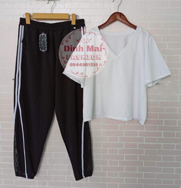 Set bigsize quần thể thao phối lưới mix áo cổ tim croptop