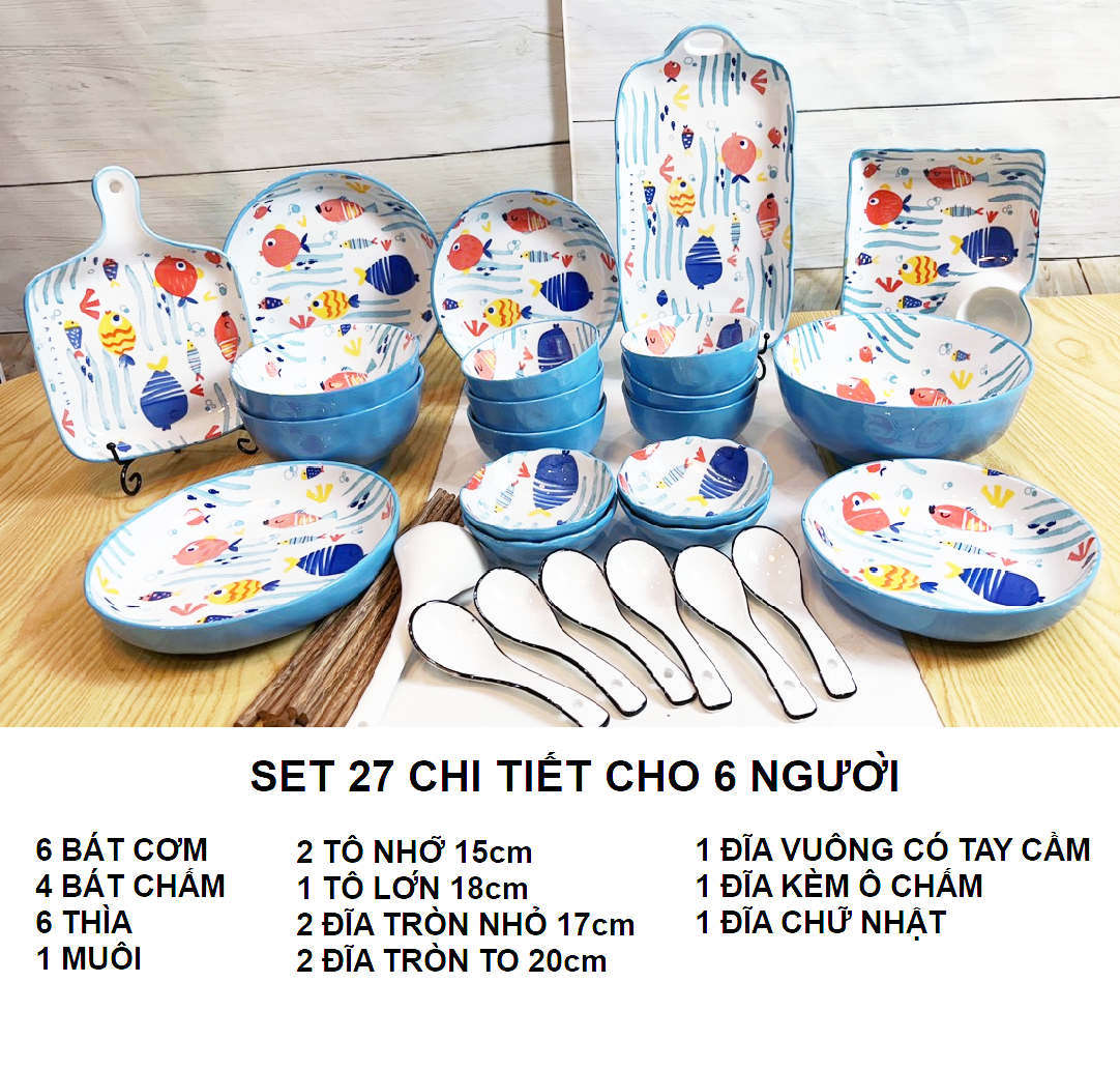 Set 27 chi tiết màu xanh đại dương họa tiết cá sắc màu