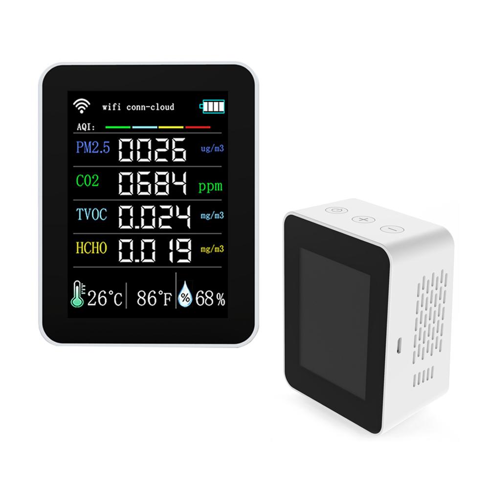 Tuya Wifi Portable Air Quality Meter 7in1 PM2.5 CO2 TVOC HCHO AQI Temperature Humidity Tester 2.8inch TFT Color Display Carbon Dioxide Detector Support Cellphone APP Control with Calendar Function