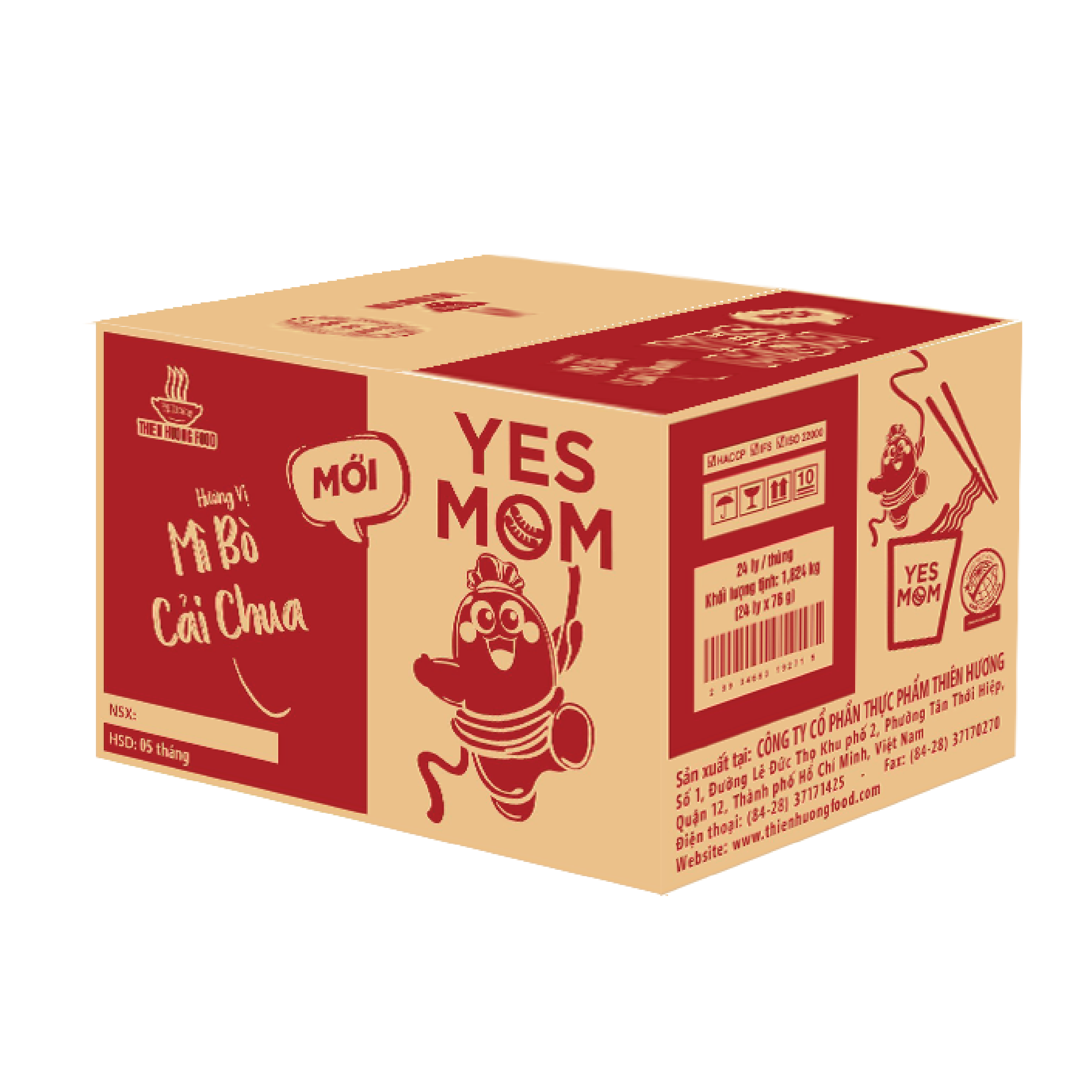 Thùng 24 ly Mì Bò Cải Chua Yes Mom Có Xúc Xích 76g/ly