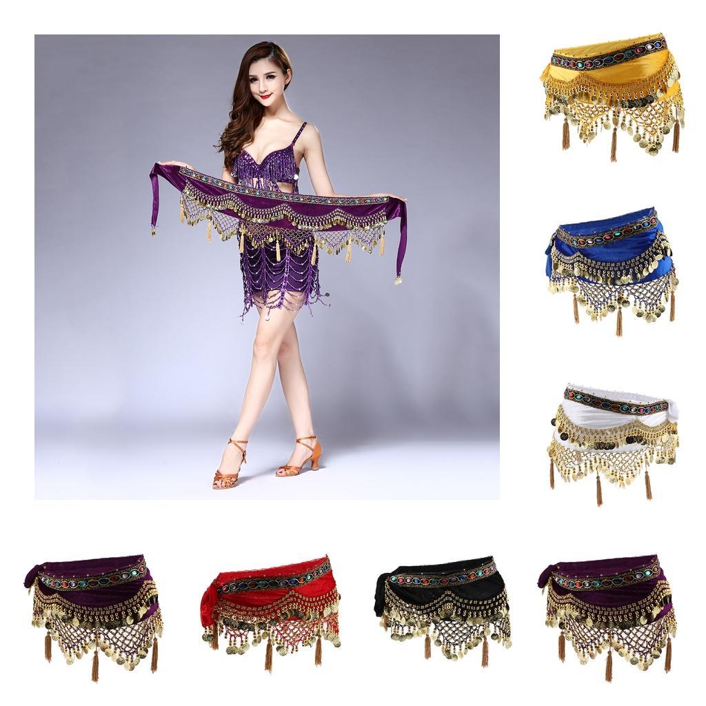 Womens Sequins Belly Dance Hip Scarf Wrap Skirt with Gold