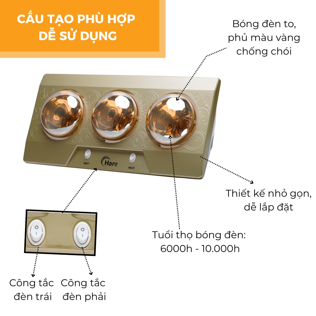 Đèn sưởi nhà tắm cao cấp sưởi ấm nhanh, chống loá, đui sứ chống cháy nổ -hàng chính hãng thương hiệu Hare - bảo hành 36 tháng