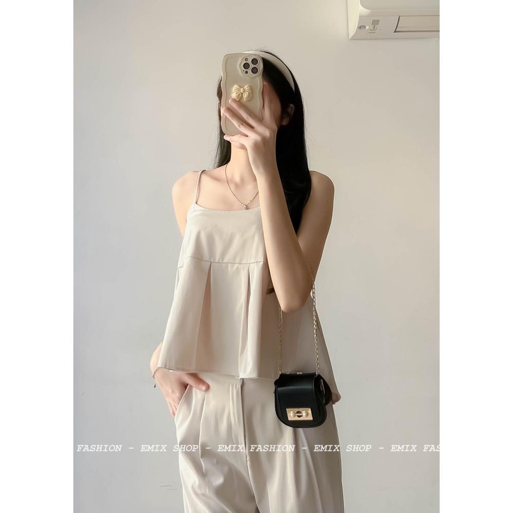 Set áo 2 dây và quần suông dài chất 2 da EMIX, bộ đi chơi, freesize dưới 55kg, cạp cao chun có co giãn, chất 2 da 566