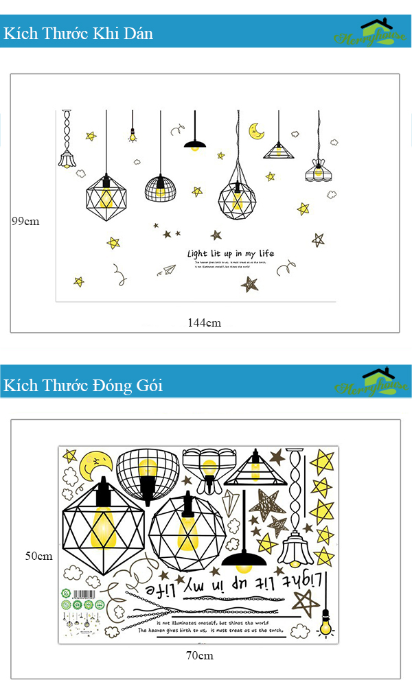 Decal dán tường Chùm đèn sao vàng và Hươu xanh - Hp554