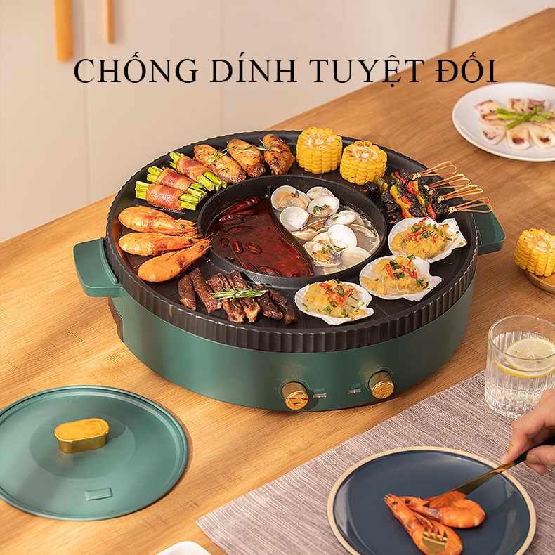 Bếp lẩu nướng đa năng bề mặt chống dính hiệu quả an toàn, Bếp lẩu nướng 2 in 1 phù hợp với nhiều người ăn