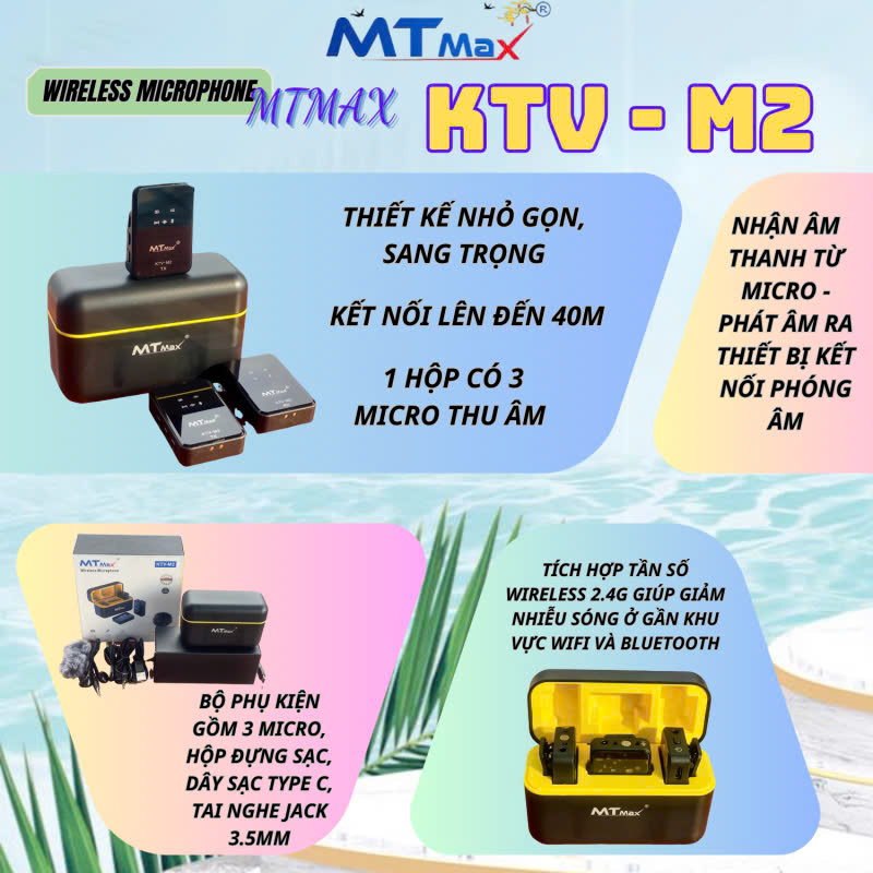 Wireless Microphone Không Dây MTMAX KTV-M2 - Đẳng Cấp Cho Mọi Sự Kiện Lớn - Thu Âm Tốt, Chống Nhiễu, Chống Ồn. Wireless 2.4G Lên Đến 40M - Livestream, Vloger, Video. Hàng Chính Hãng