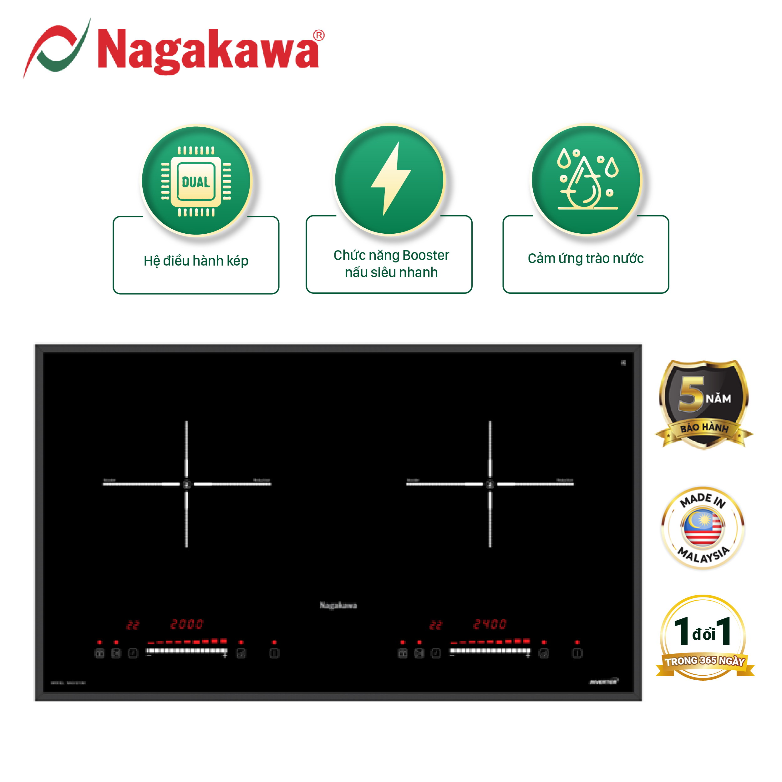 Miễn phí giao lắp toàn quốc - Bếp Đôi Điện Từ Inverter Nagakawa NAG1213M - Bảo hành 5 năm - Made in Malaysia - Hàng Chính Hãng