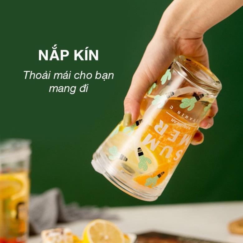 TẶNG ỐNG HÚT Ly thủy tinh Cao Cấp có nắp 450ml in hình hồng hạc , snoopy