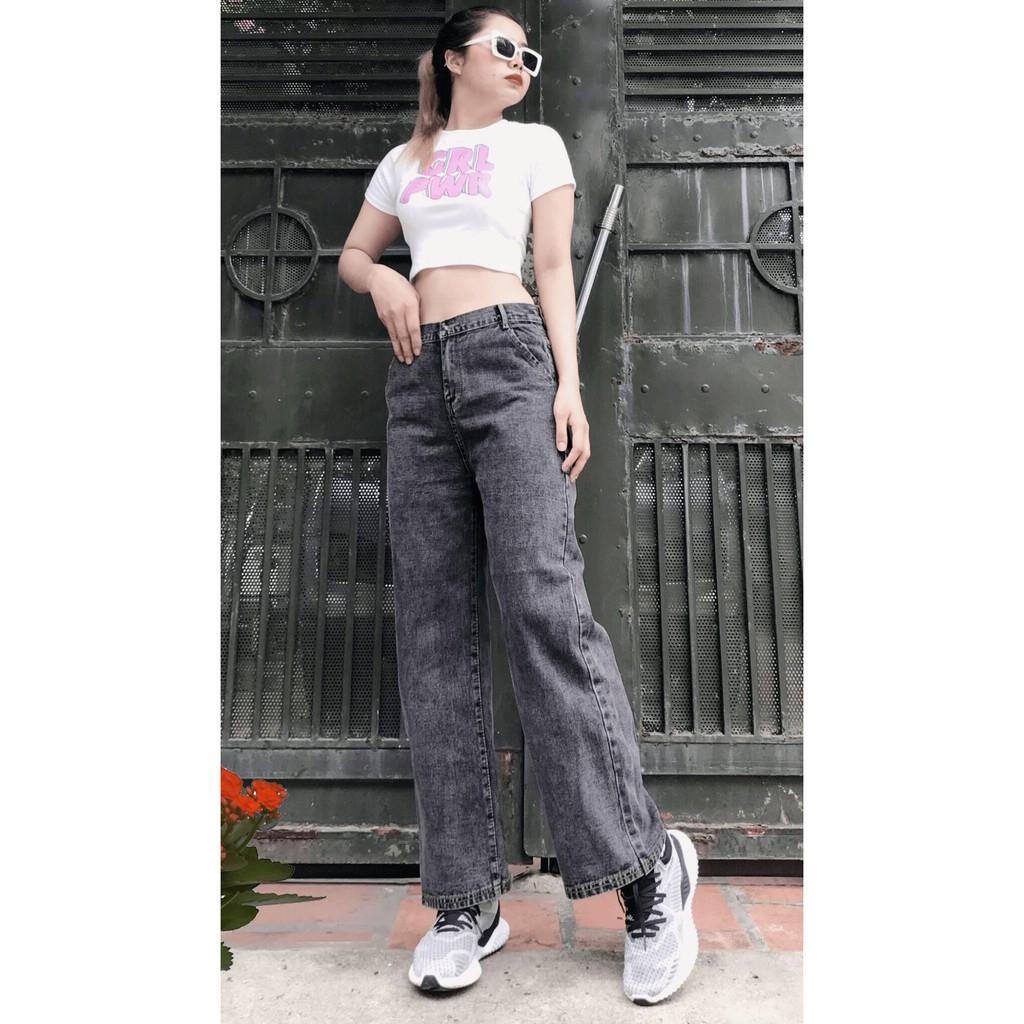 Quần Jeans Nữ Ống Rộng Lưng Cao Túi Xéo Dáng Suông