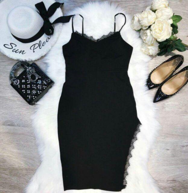 Đầm body 2 dây tà chéo phối ren