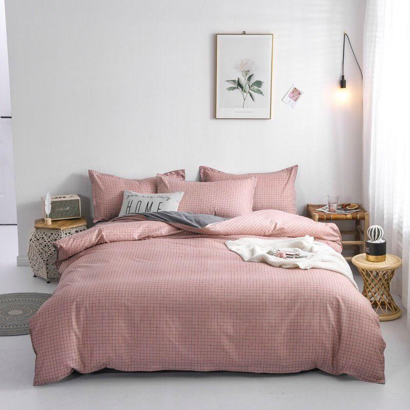Bộ chăn ga gối kẻ ô hồng Cotton Poly cao cấp LEEBedding, chăn ga Hàn Quốc, miễn phí bo chun ga giường theo yêu cầu